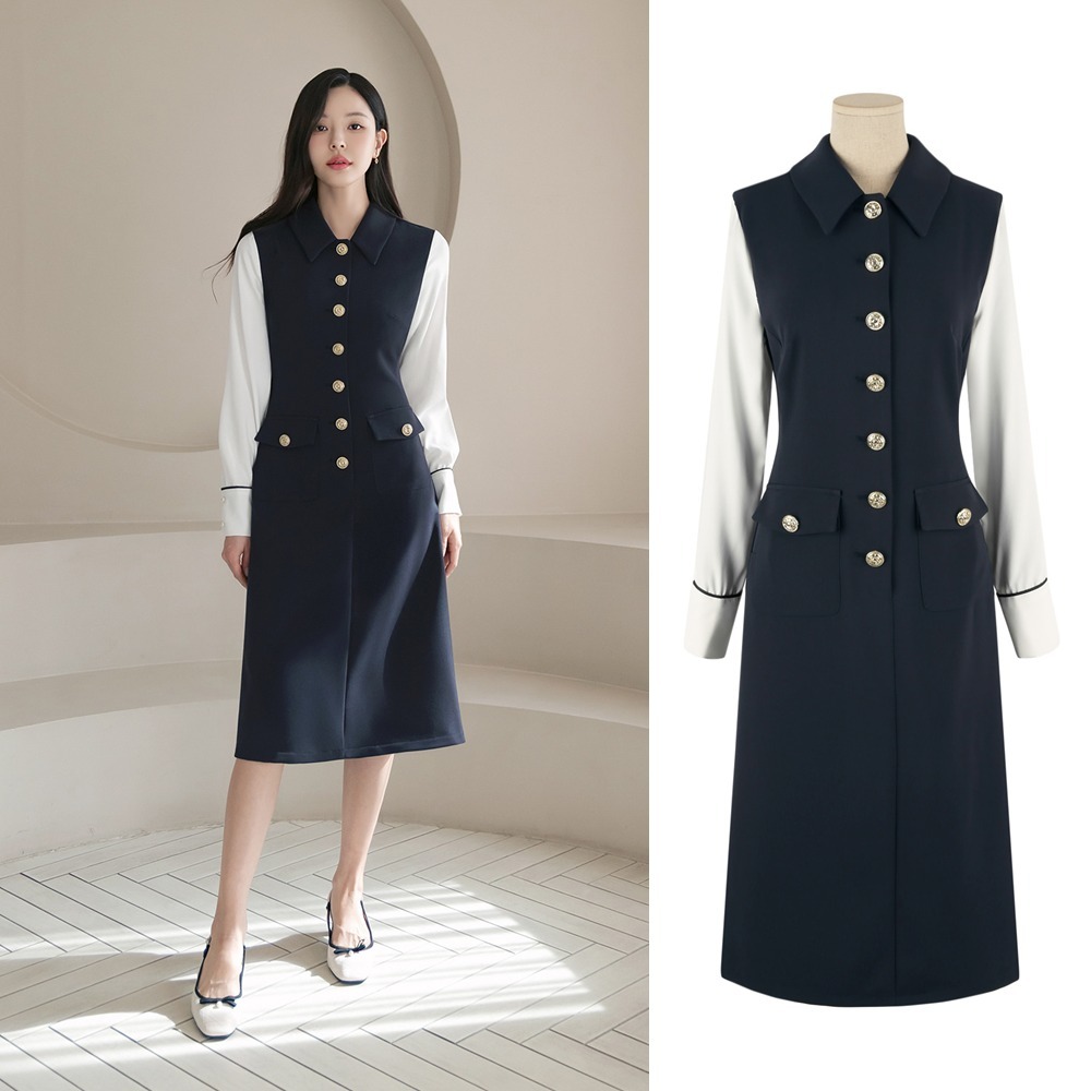 Endin 配色袖 Gold Button A-line Dress ワンピース