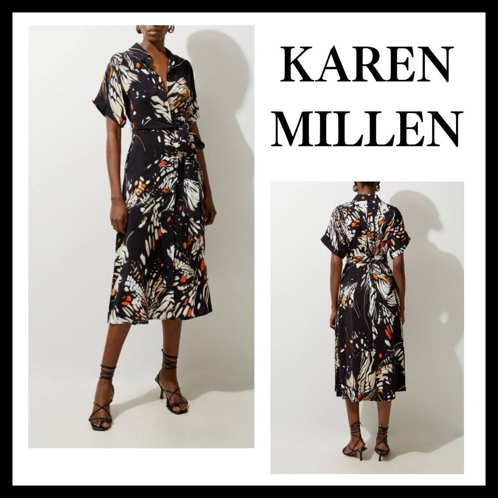 ◆KAREN MILLEN◆バタフライプリントミディドレス