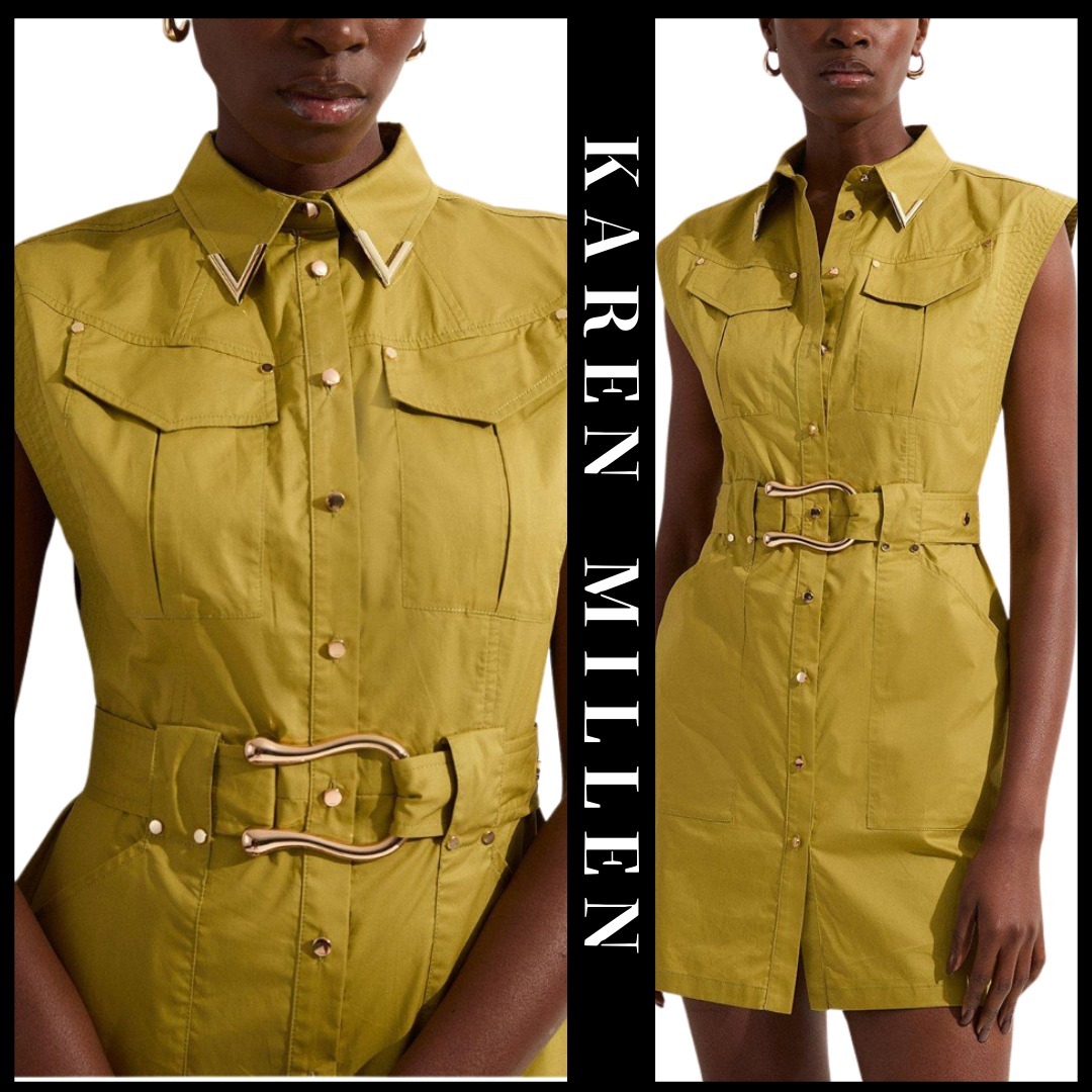 KAREN MILLEN 日本未入荷 ミリタリー ベルト ミニドレス 襟 無地