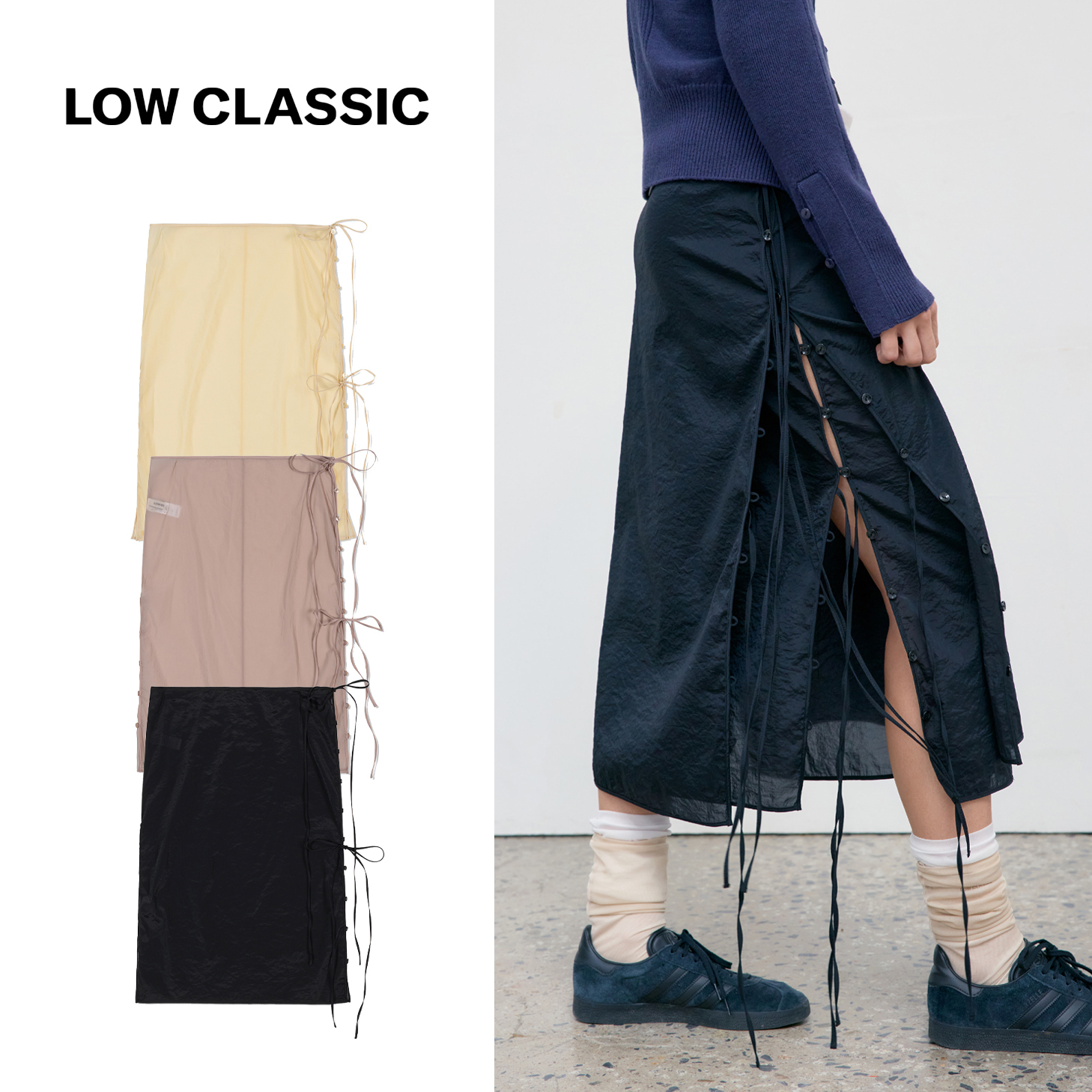 スカート LOW CLASSIC : 25SS / SEE-THROUGH BUTTON LOOP SKIRT (3COLORS)