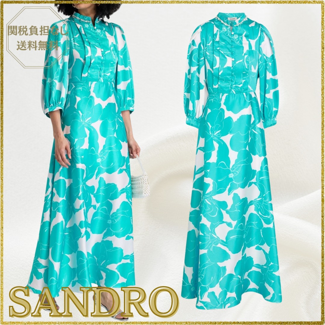 [SANDRO]フローラルプリントマキシワンピースクリスタル付き