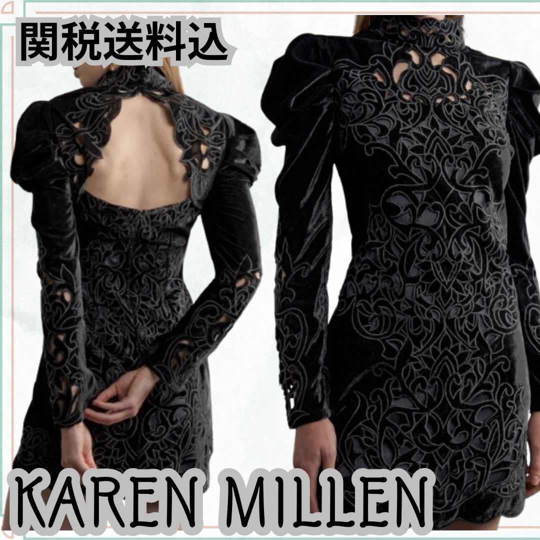 関送込【KAREN MILLEN】ベルベットカットワークパフミニドレス