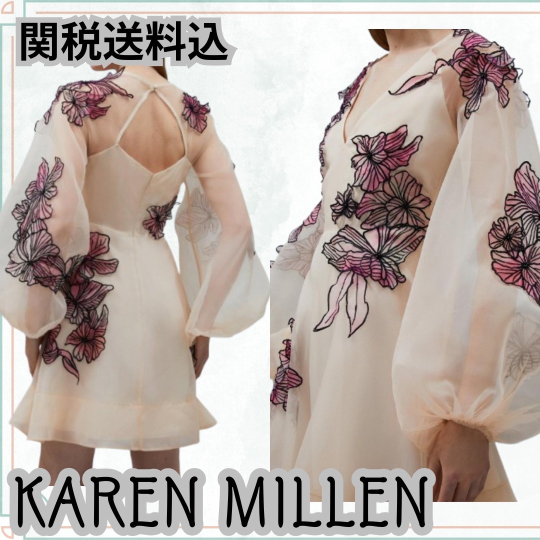 関送込【KAREN MILLEN】花柄アップリケバルーンスリーブドレス