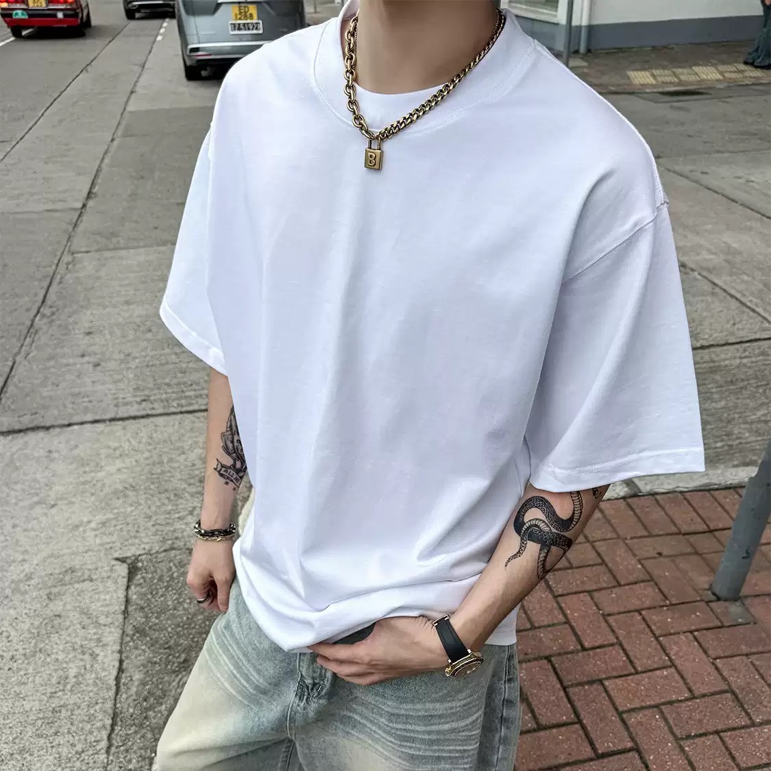 3色 メンズ カジュアル 高品質コットン 半袖 Tシャツ ルーズ
