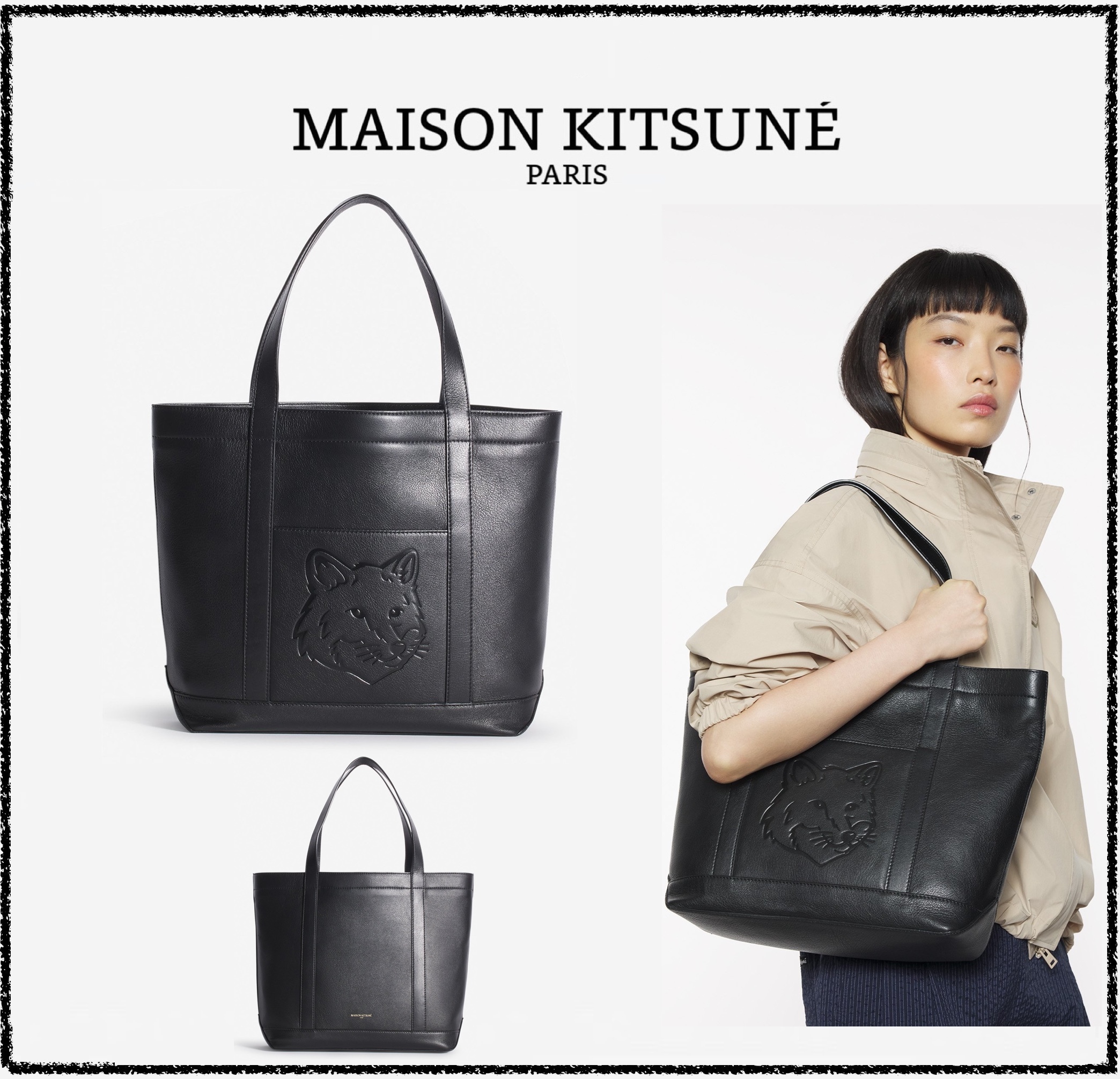 ★MAISON KITSUNE★フォックスヘッド トート バッグ レザー 黒