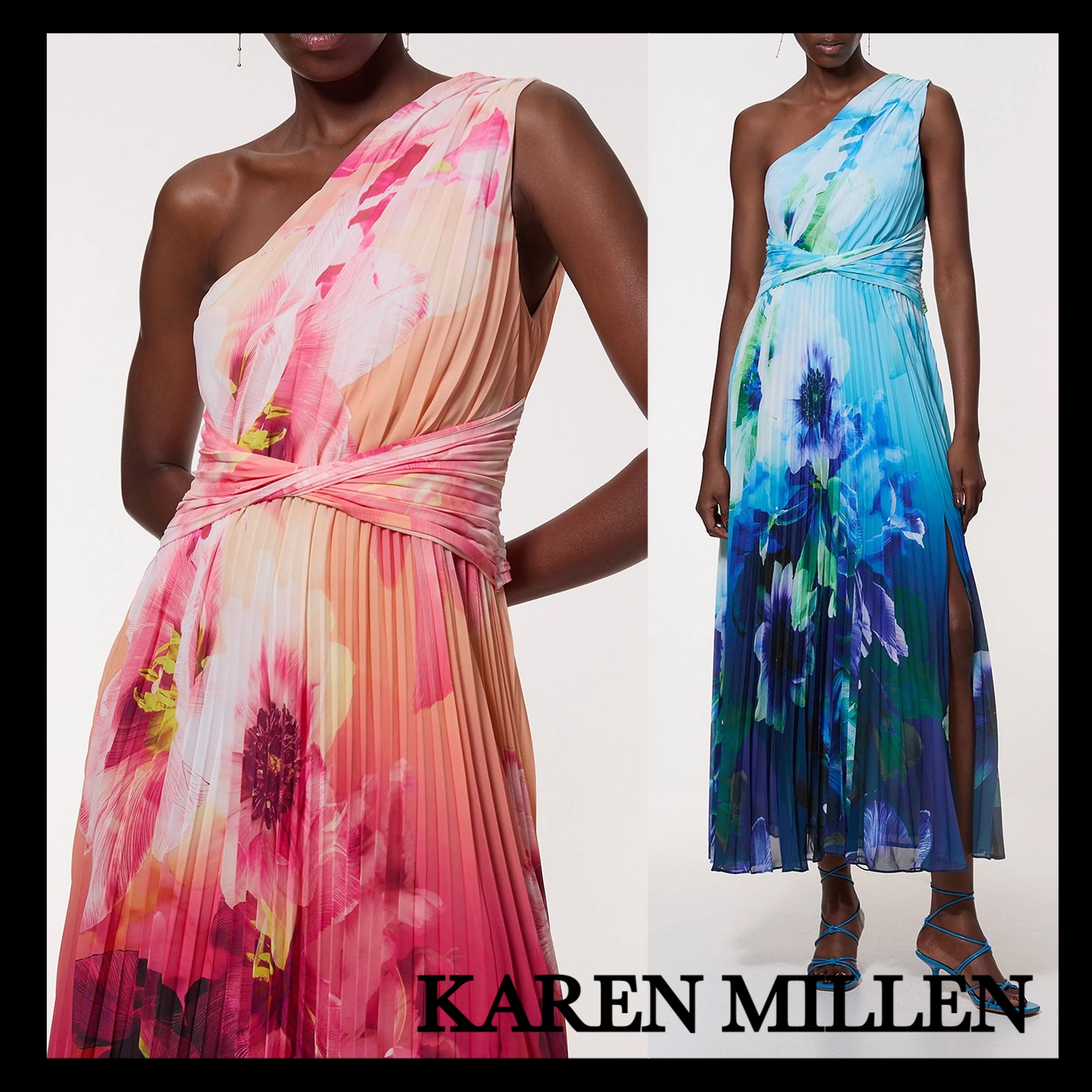 【KAREN MILLEN】花柄プリーツワンショルダーマキシドレス KAREN MILLEN*花柄ソフトプリーツワンショルダーマキシドレス