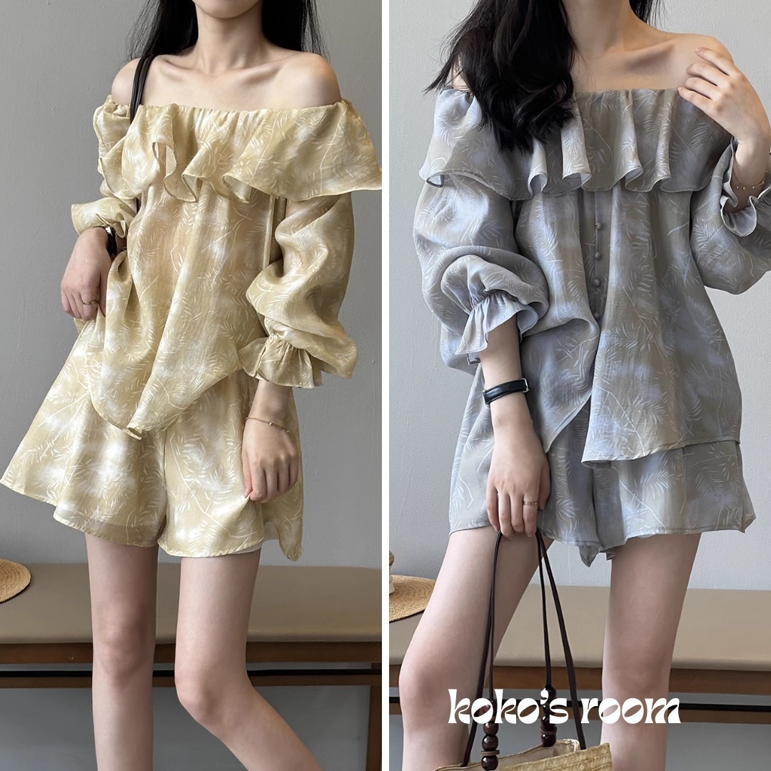 2color セットアップ オフショルダー トップス ショートパンツ
