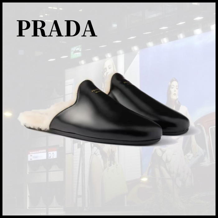 ■PRADA プラダ ブラッシュドレザー＆シアリング ミュール