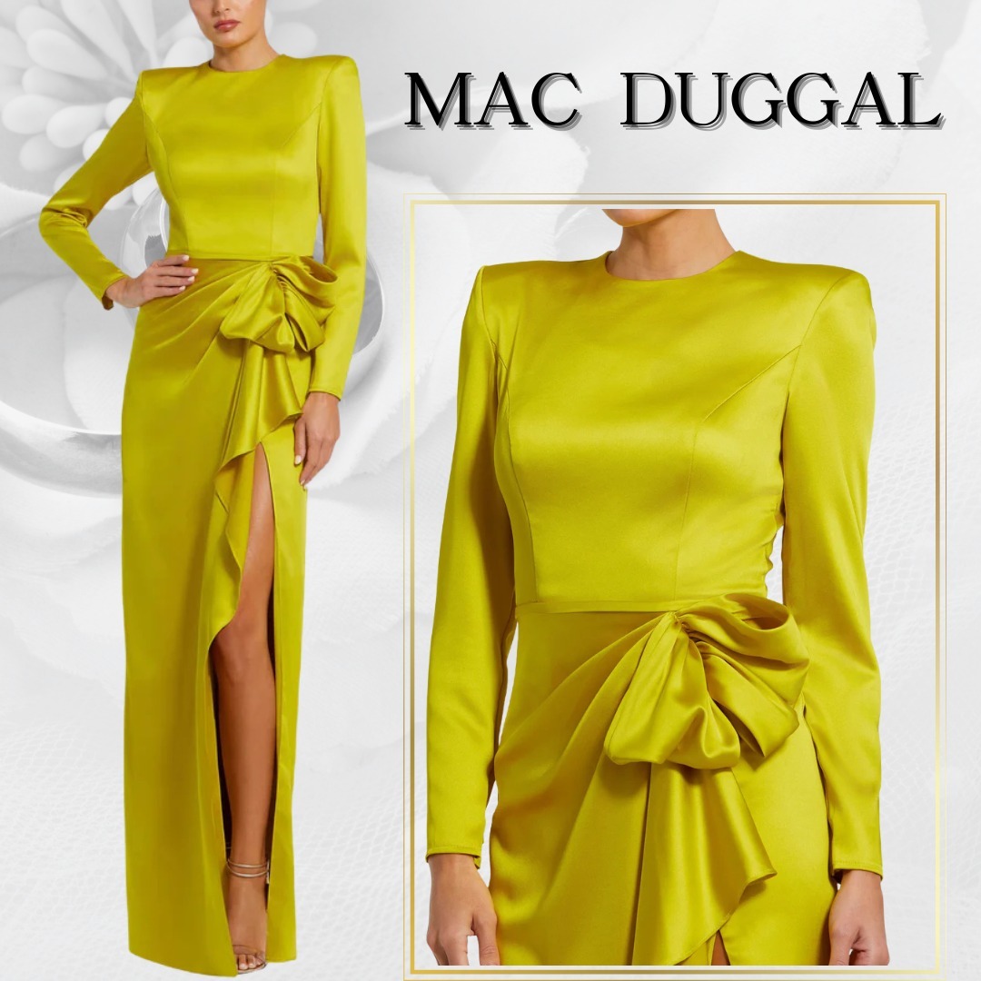 【MAC DUGGAL】ロングドレス ライトグリーン 長袖 スリット 無地