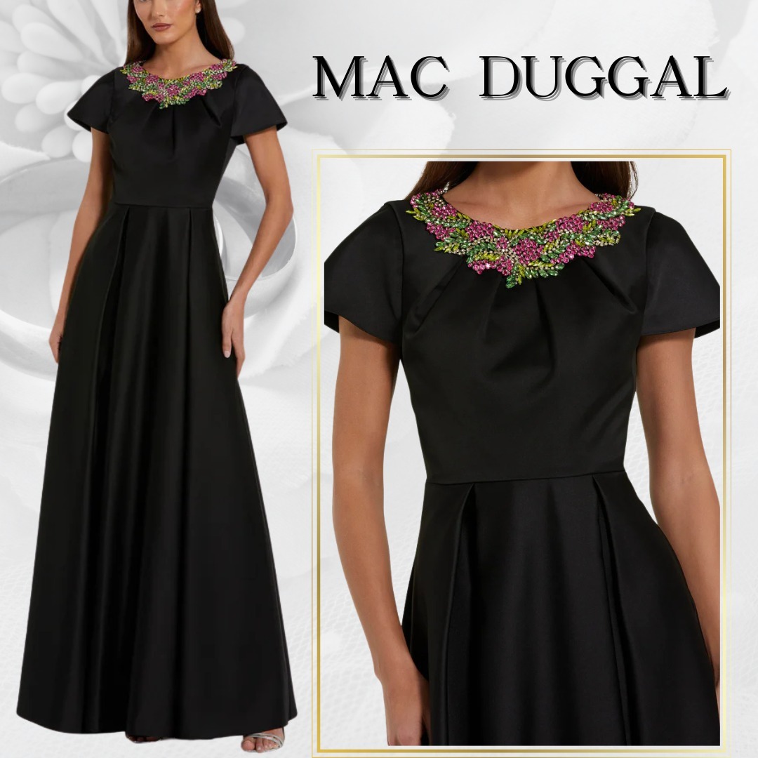 【MAC DUGGAL】ロングドレス ブラック 無地 ビーズ 半袖 Aライン