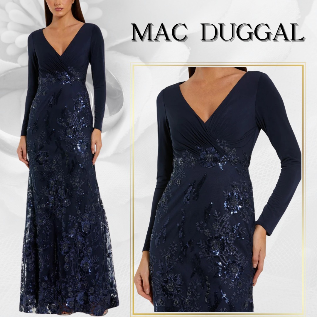 【MAC DUGGAL】ロングドレス ネイビー Vネック 長袖 花柄 フレア