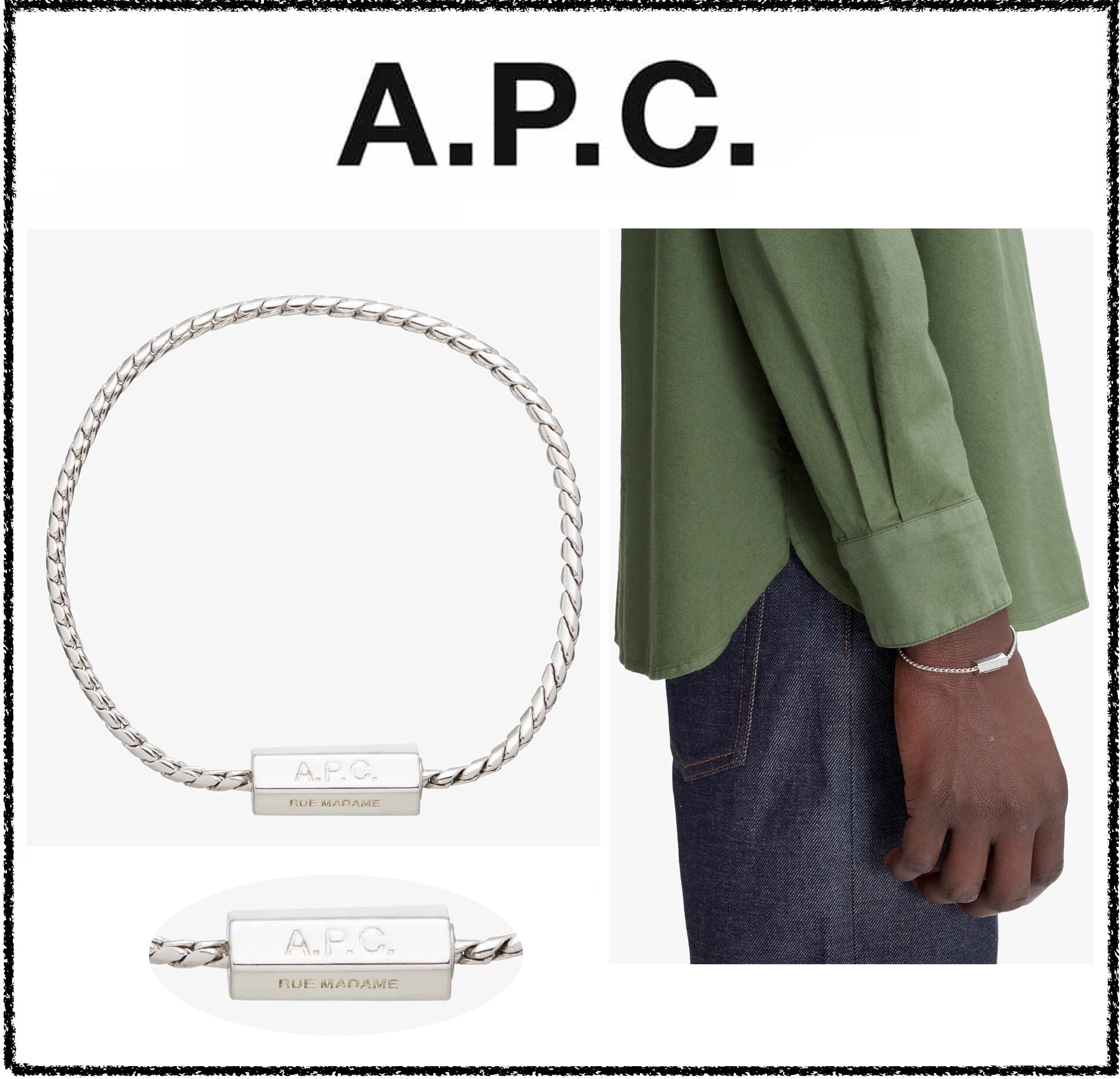 ★パリ発 A.P.C.★ ANGLE ブレスレット 六角形型 ロゴ シルバー