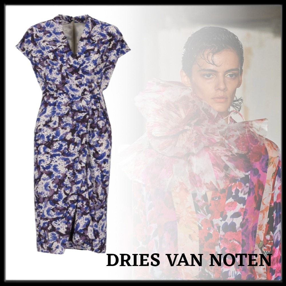 Dries Van Noten/アブストラクトプリント Vネック ミディドレス Dries Van Noten お洒落 Vネック パターンプリント ドレス