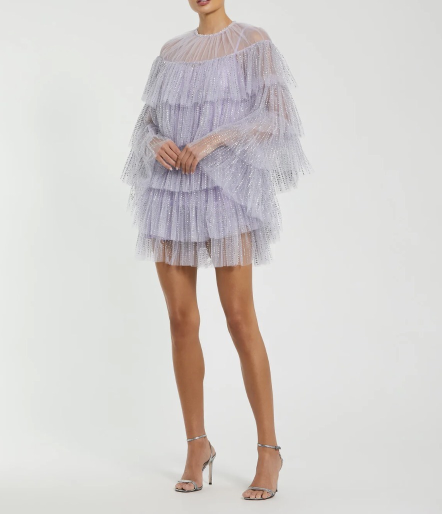 MAC DUGGAL パープルエンベリッシュフリルレースカクテルドレス