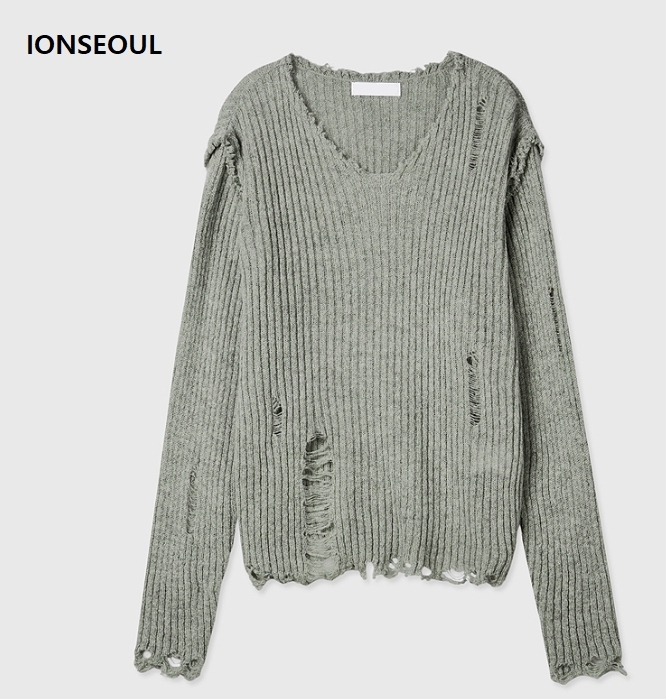 ニット・セーター IONSEOUL damage V thin KNIT (3color) JE949