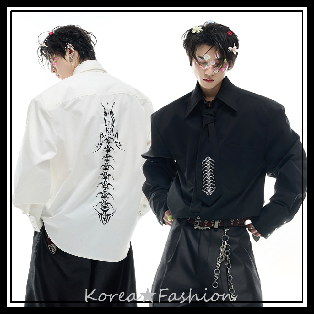 Argue Culture ネクタイ付きプリント刺繍長袖シャツおしゃれ男女