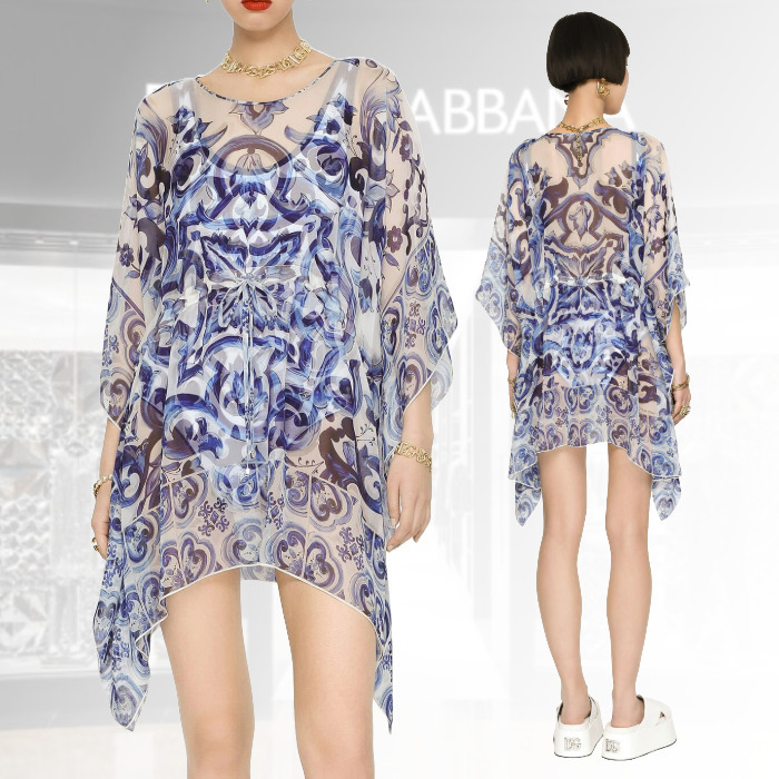 【地中海の風】D&G マヨリカプリント シフォン ショートカフタン