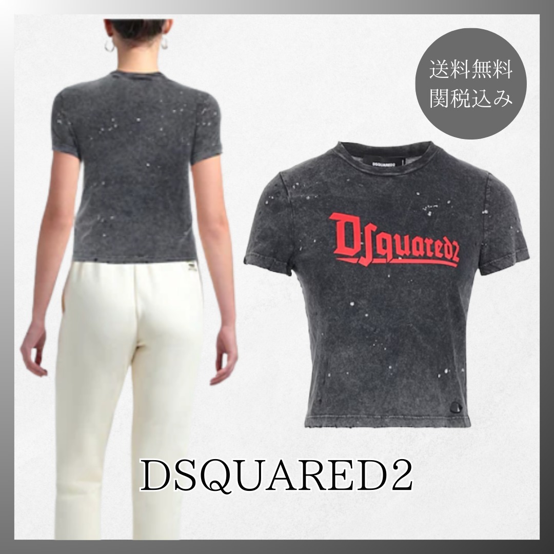 DSQUARED2◆ クルーネック クロップド Tシャツ 半袖 ロゴ入り