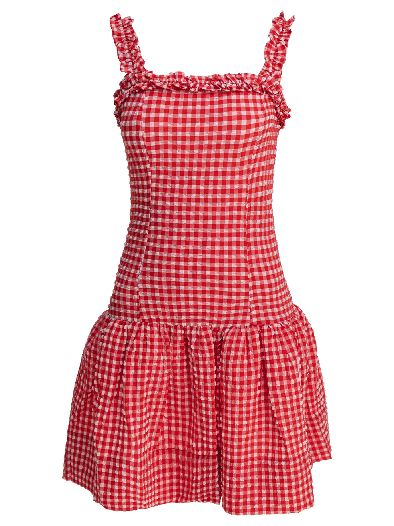 ワンピース Ganni Stretch Seersucker Strap Ruffle Mini Dress