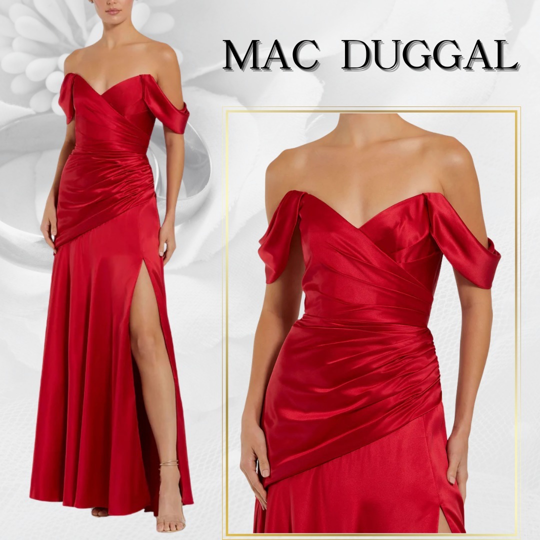 【MAC DUGGAL】ロングドレス レッド オフショルダー 無地 サテン