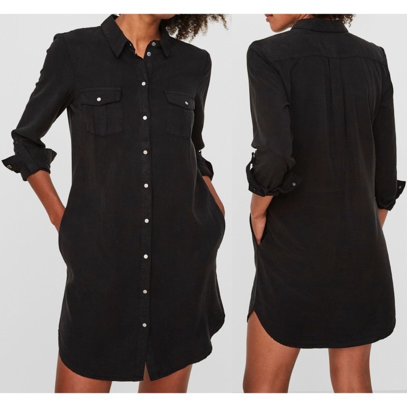 【Vero Moda】【日本未入荷】黒 長袖 デニム シャツ ワンピース