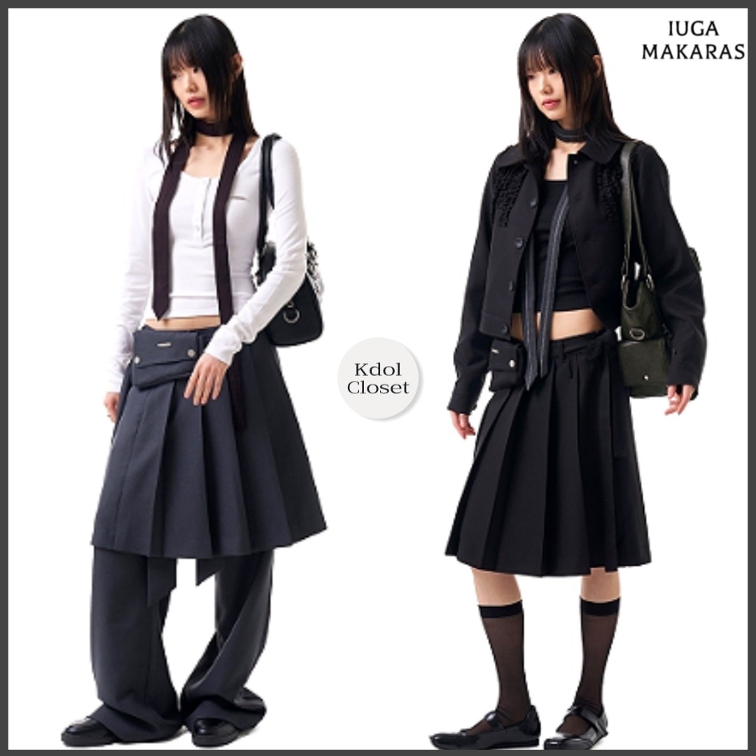 新作スカート[IUGAMAKARAS] BELTED BAG PLEATS MIDI SKIRT