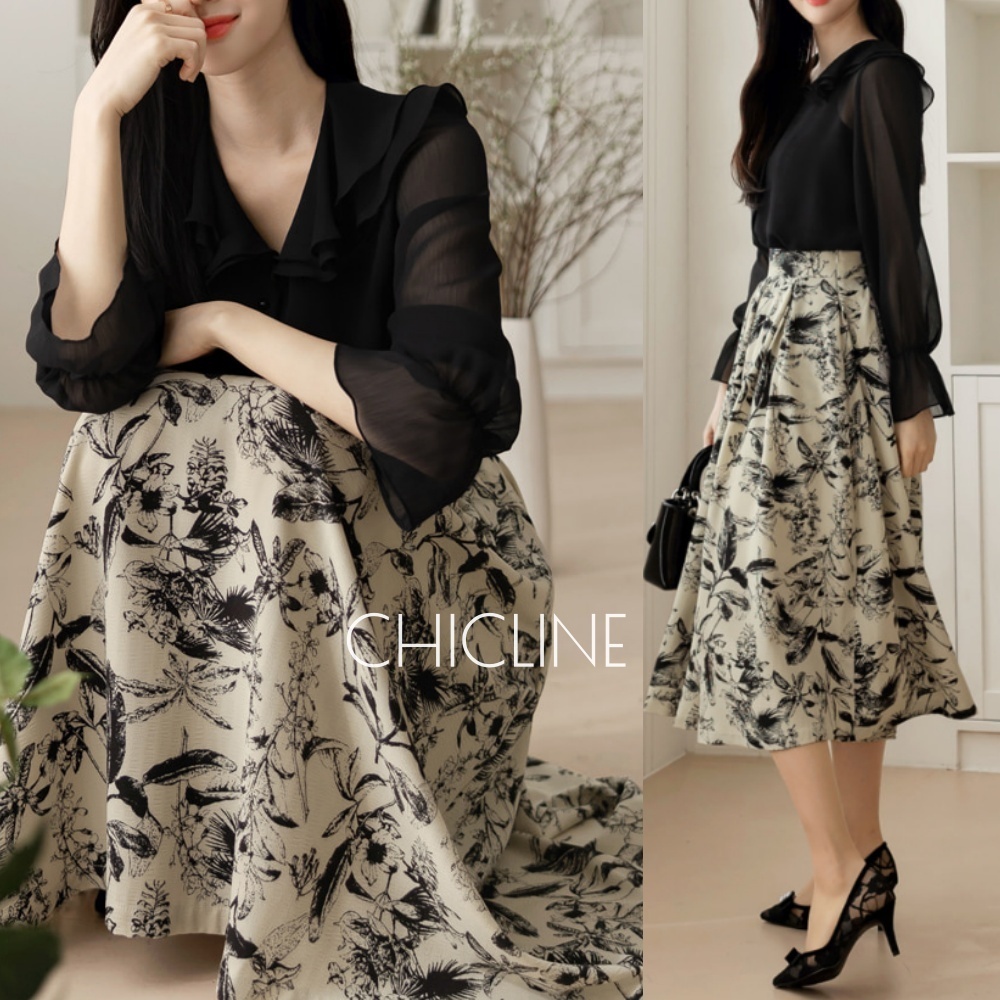 【CHICLINE 】 桃子ドローイングフラワービッグプリーツスカート