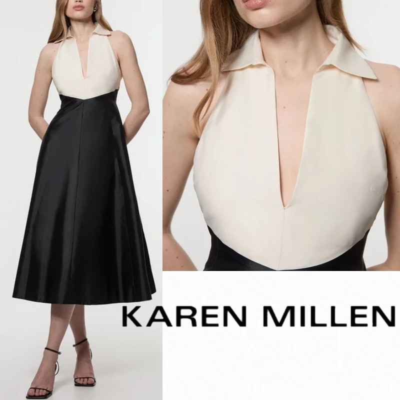 【KAREN MILLEN】タフタコントラスト フルスカートシャツドレス