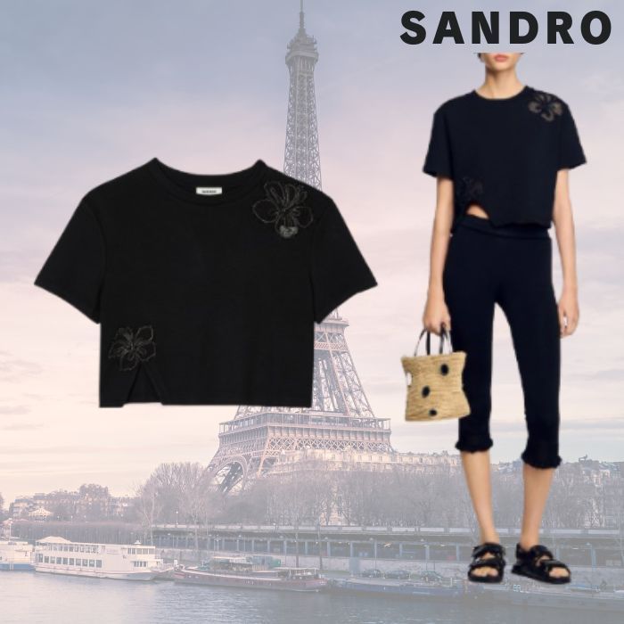 フランス発 Sandro 夏におすすめ ビーズ フラワー刺繍 Tシャツ