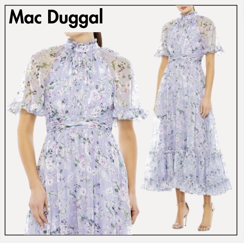 Mac Duggal◆花柄シフォン 半袖 ティアード ミディ ドレス