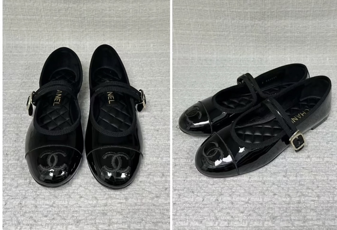 25S CHANEL CC メリージェーン エナメルなフラットシューズ