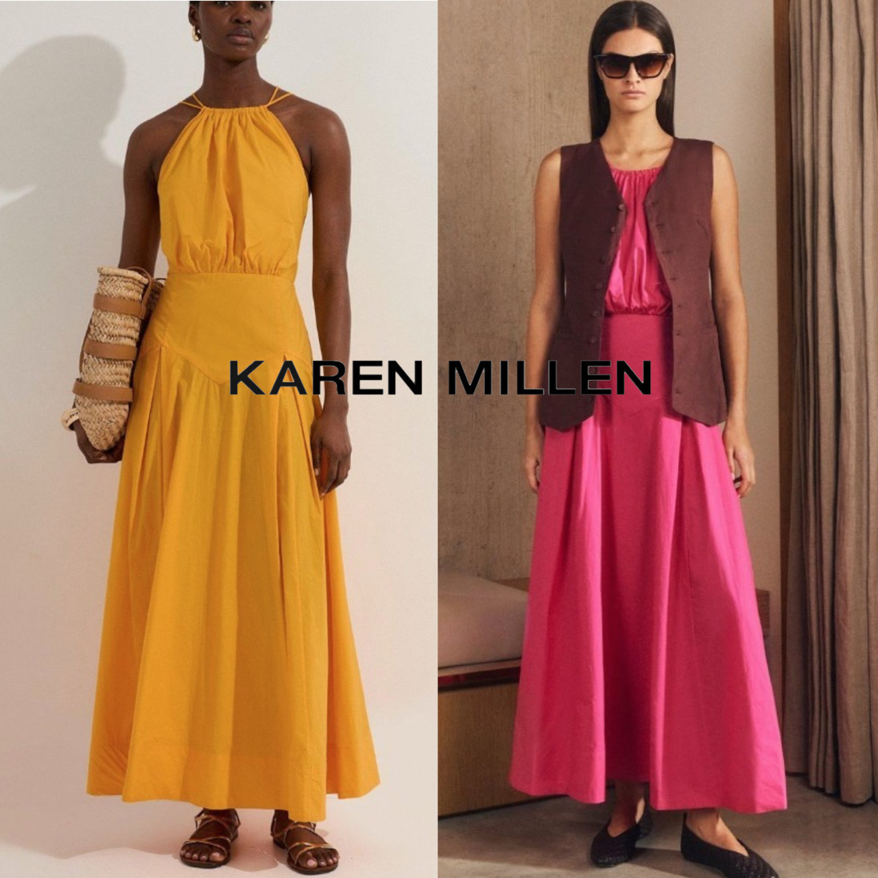 【KAREN MILLEN】コットン ホルターネック織り ミディ ドレス
