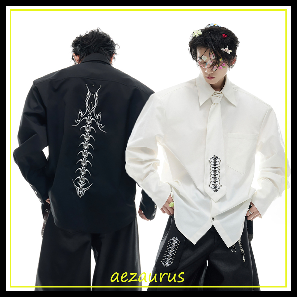 ArguE CulturE ネクタイ付き長袖シャツプリント刺繍ブラウスゆる