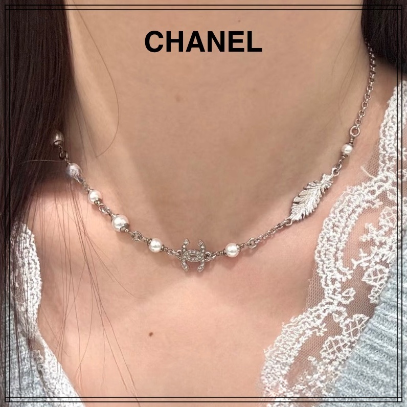 エレガント【CHANEL】フェザーモチーフ パール ネックレス