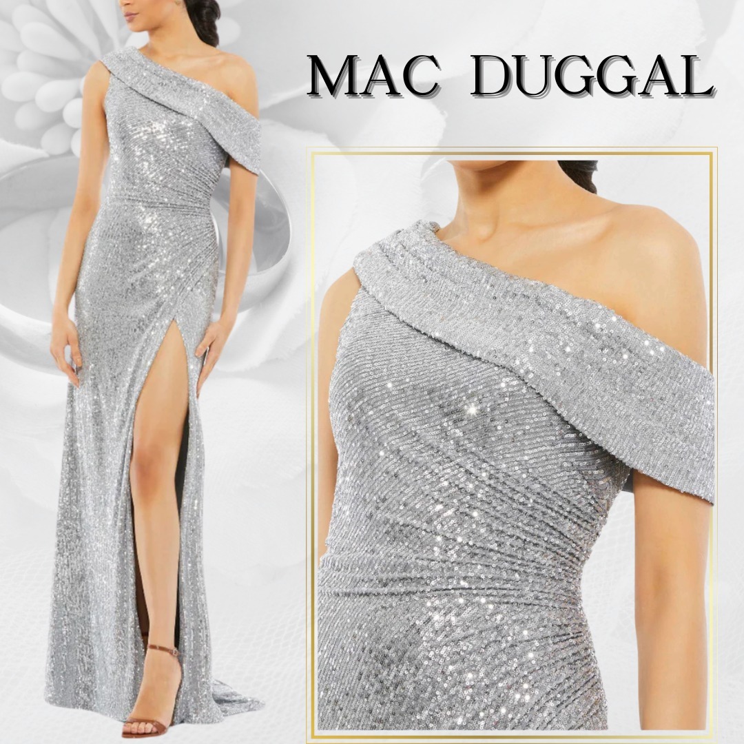 【MAC DUGGAL】ロングドレス シルバー ノースリーブ 無地 フレア