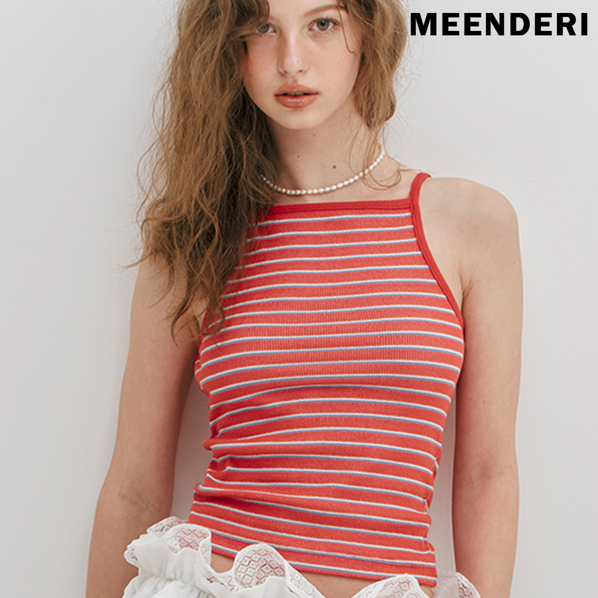 ★MEENDERI★MIXED STRIPE RIBBED SLEEVELESS - RED★正規品