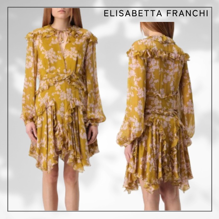 【ELISABETTA FRANCHI】フローラルプリント ラッフル ミニドレス