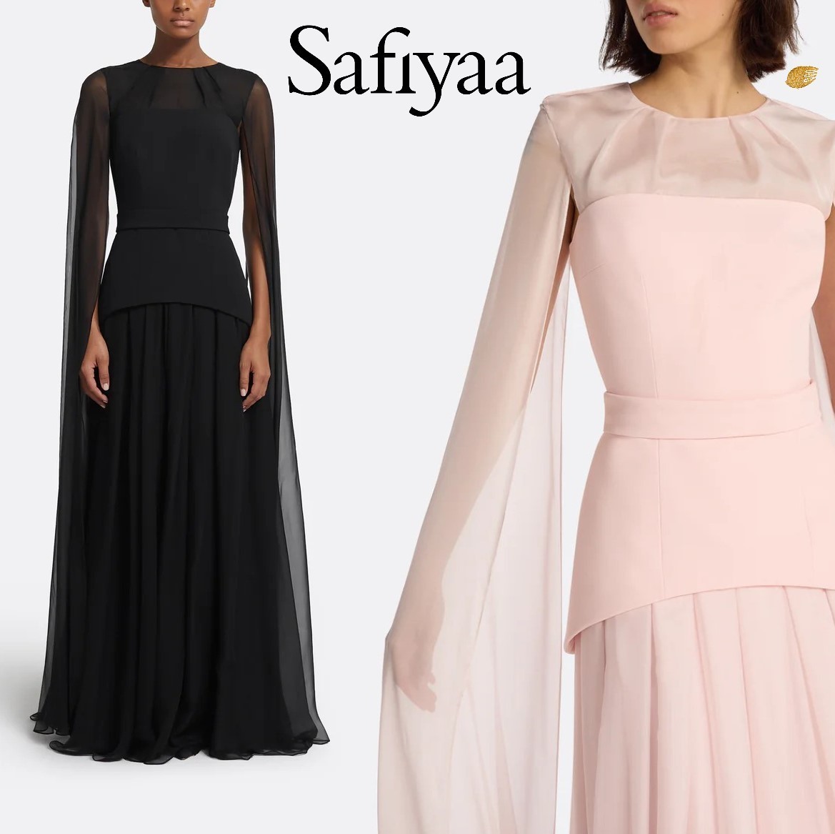 国内発| Safiyaa ケープスリーブ クレープ&シルクシフォンドレス
