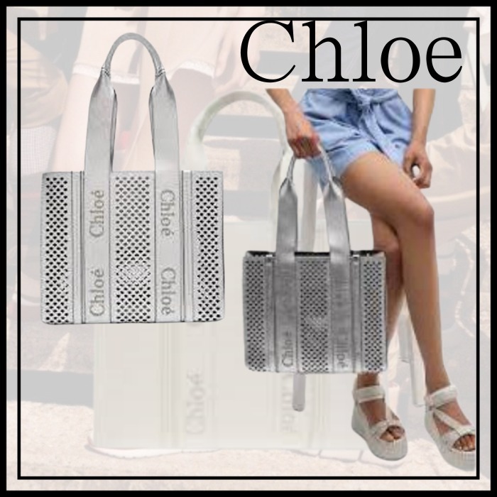 セール【Chloe】個性的☆Woody ミディアム トートバッグ Silver