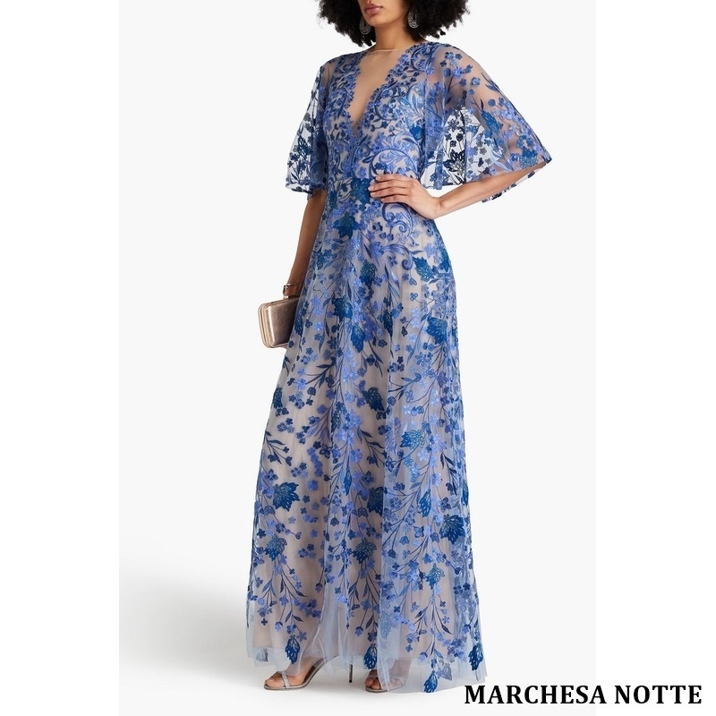 MARCHEA NOTTE 花柄 レース ワイド袖Vネックロングドレス ブルー