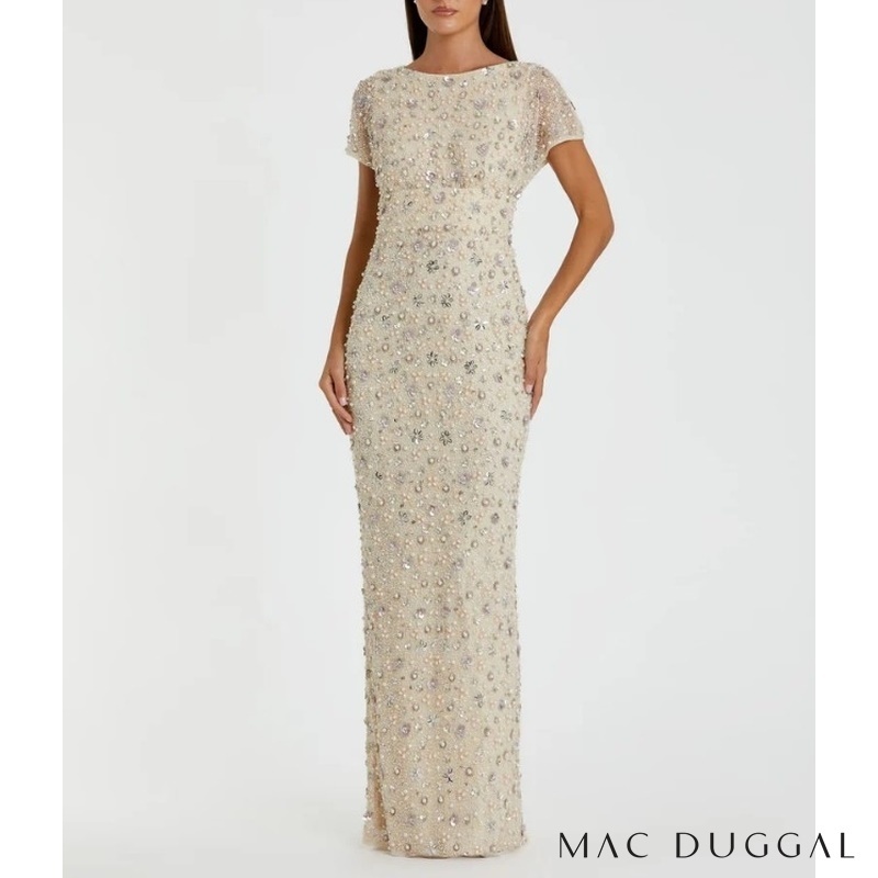 Mac duggal 新作 アイボリーフローラルビシューロングドレス