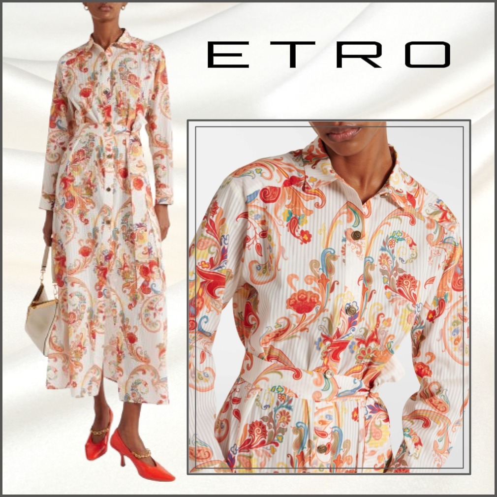 関税送料込【ETRO】ロング ワンピース 花柄 フリル ホワイト セール】 フラワーフリルワンピース （ロング・マキシ丈