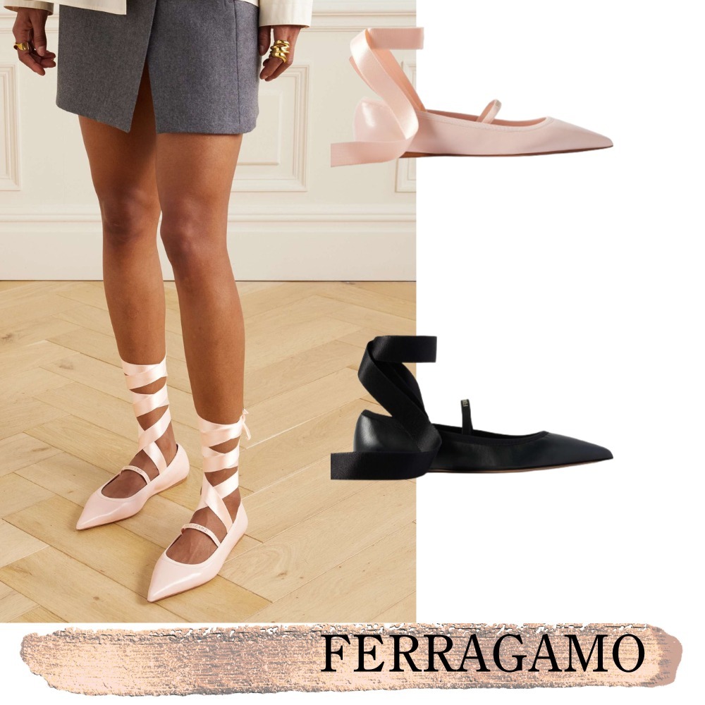 FERRAGAMO☆関税込☆Carice サテントリムレザーバレエフラット