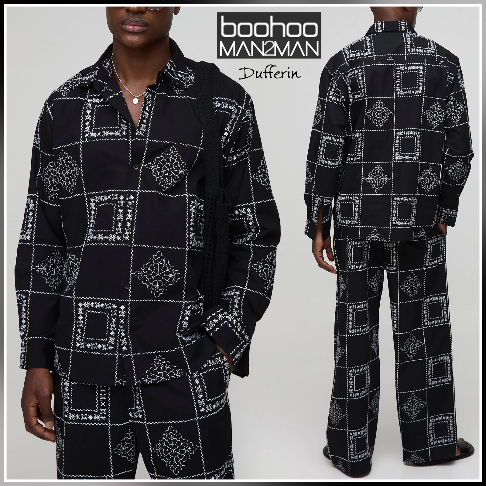 boohoo 新作 POPLIN 長袖 刺繍シャツ & トラウザー セットアップ