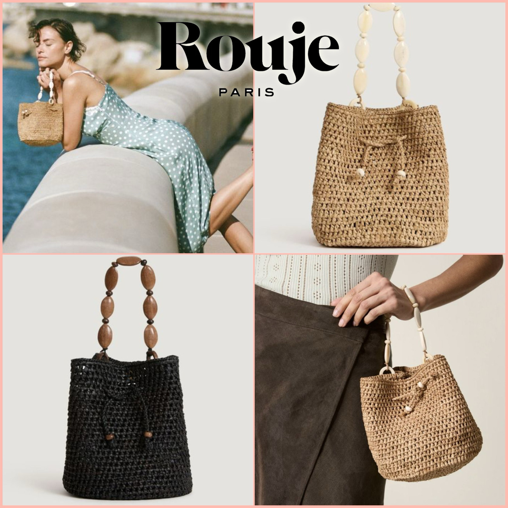 国内配送☆Rouje★可愛い ビーズハンドル ラフィア かごバッグ