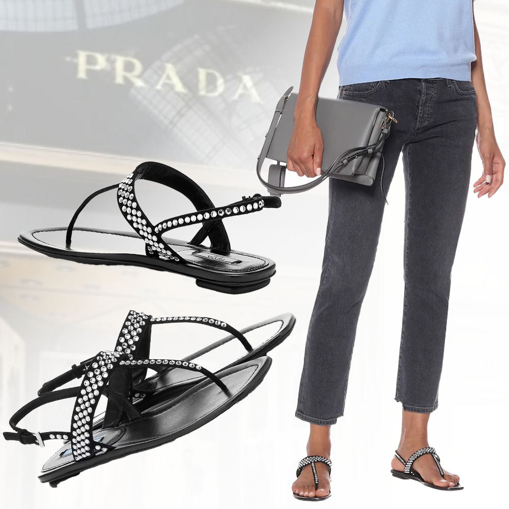 【ミニマルに】PRADA クリスタル付スエードトングサンダル