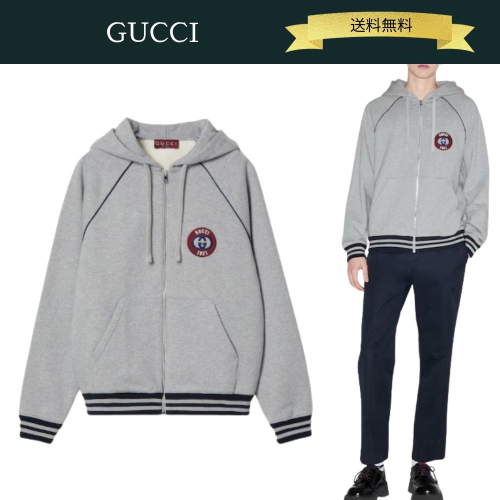 【送料込】GUCCI パッチ付 フェルト コットン ジップ パーカー