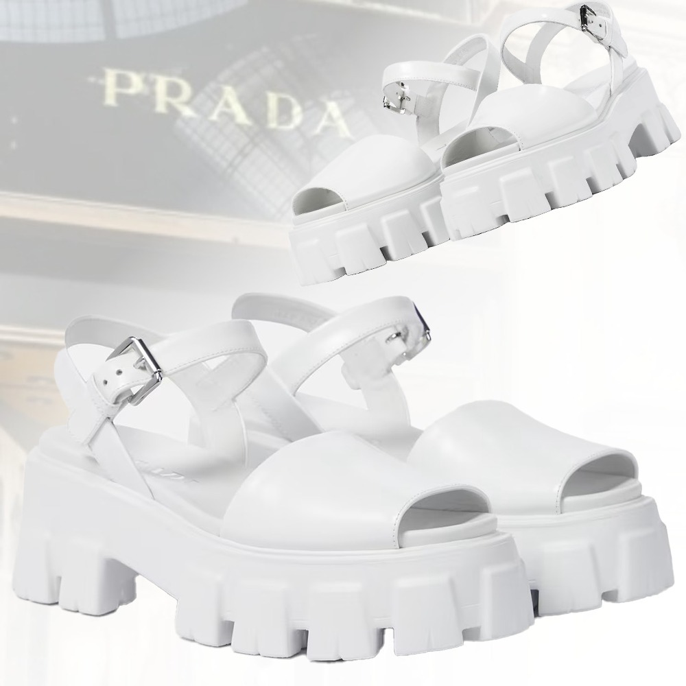 【夏の装いに】PRADA プラットフォームレザーサンダル ホワイト