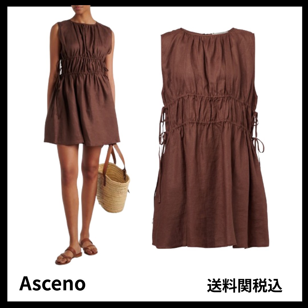 送料関税込★Asceno★ギャザー入りリネンミニドレス