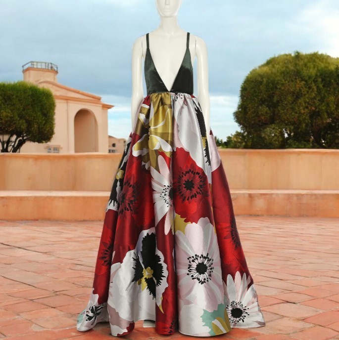 海外希少【VALENTINO】Vネックフラワーメタリックドレス ロング